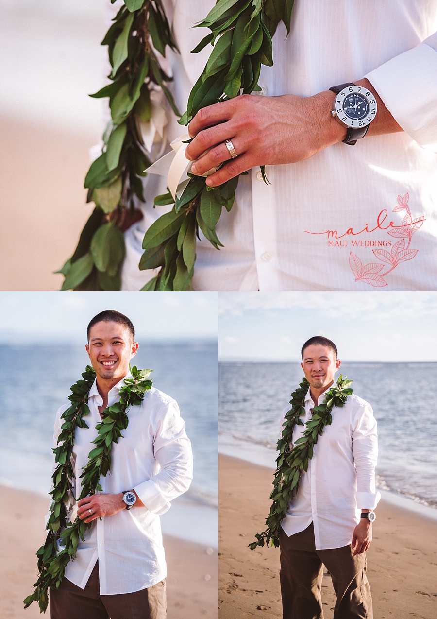 Groom in Traditional Maile Lei