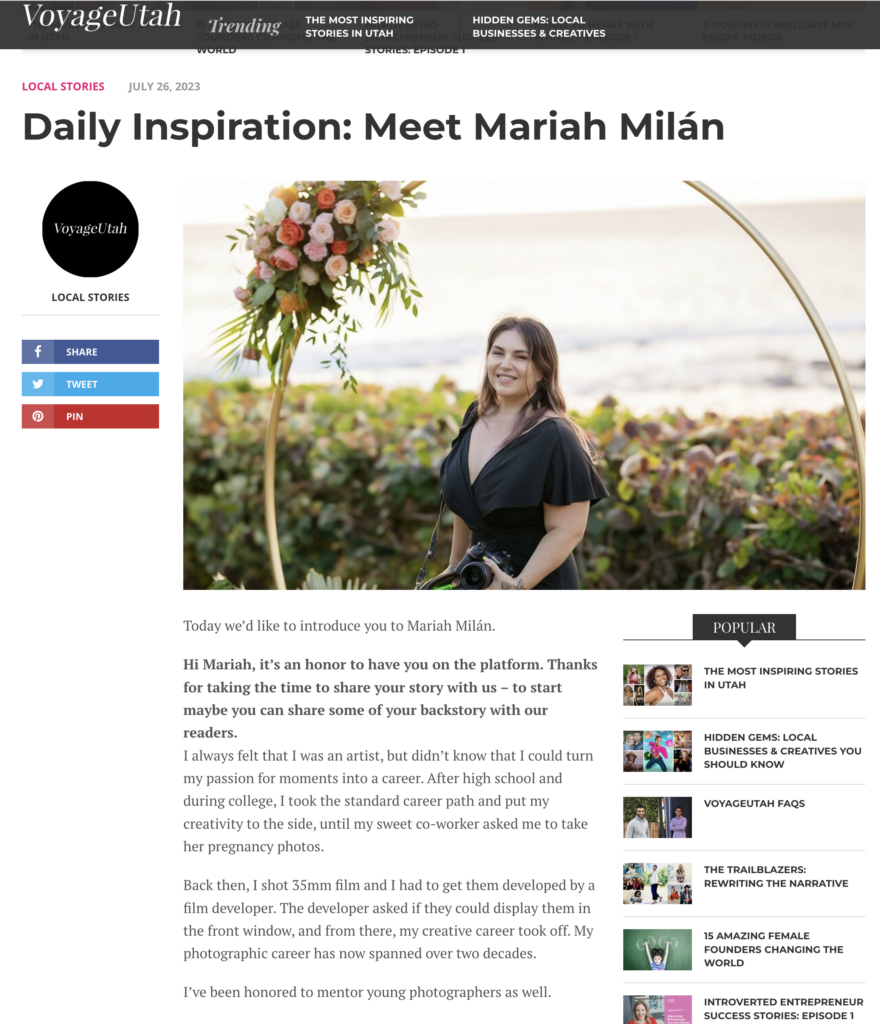 Mariah Milan is featured on Voyage Utah Magazine's Daily Inspiration Page 