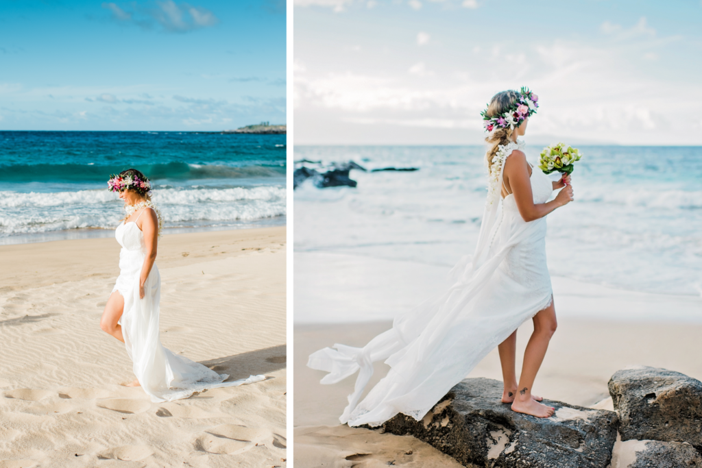 Bride walks barefoot after elopement, showcasing the delicate details of her wedding gown.