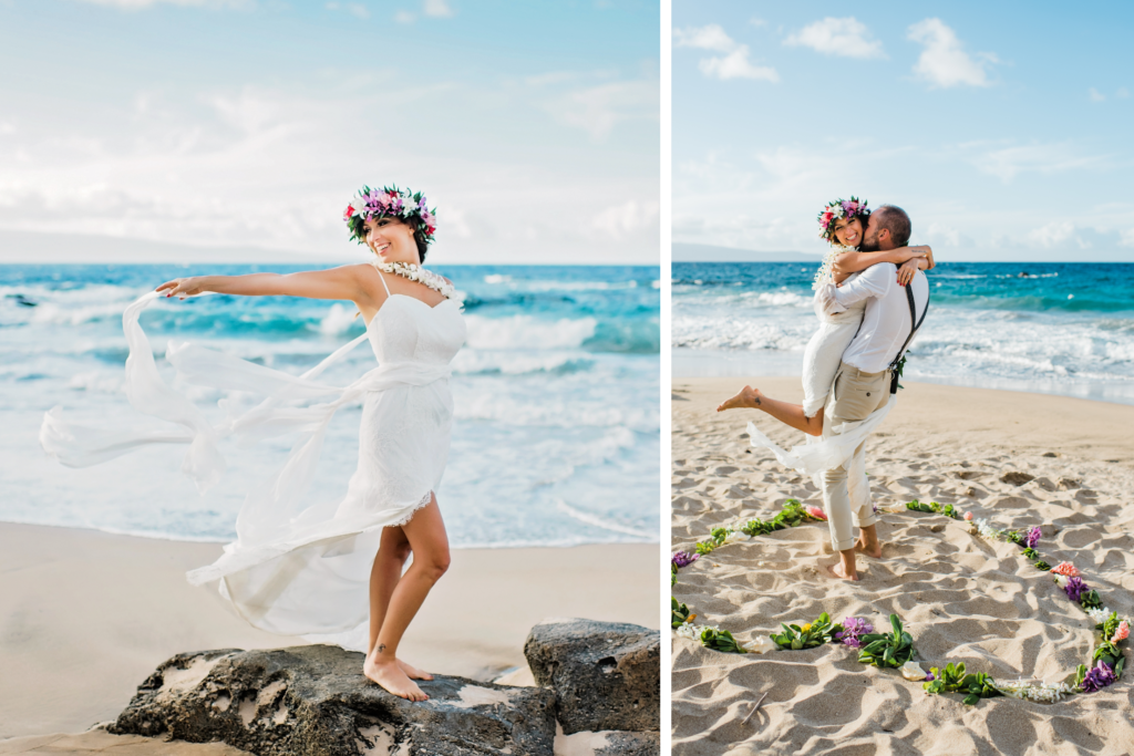 Bride standing on a rock, showcasing her gown's details.