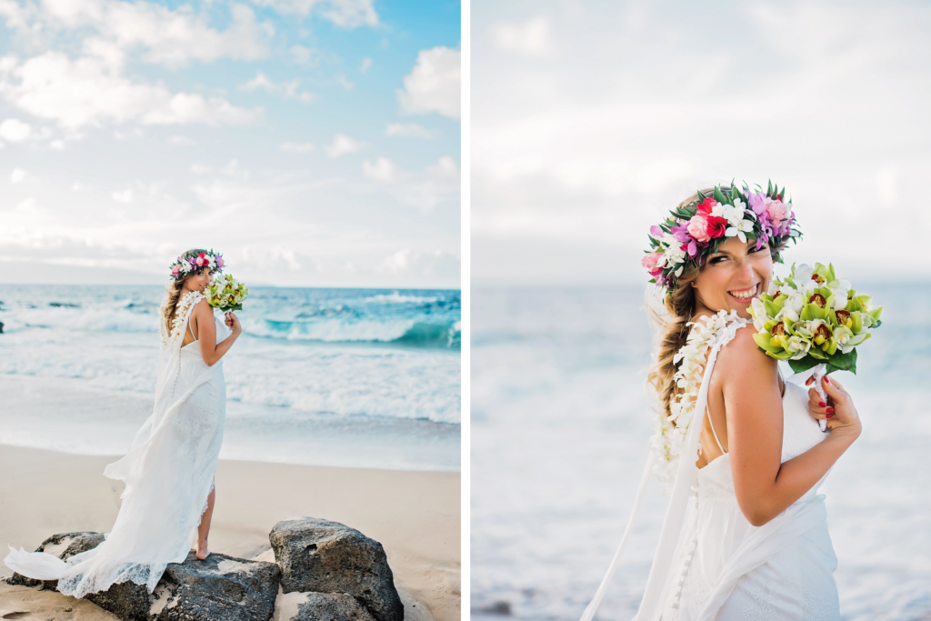 The bride joyfully holds her bouquet, framed by the azure ocean and sandy shore.