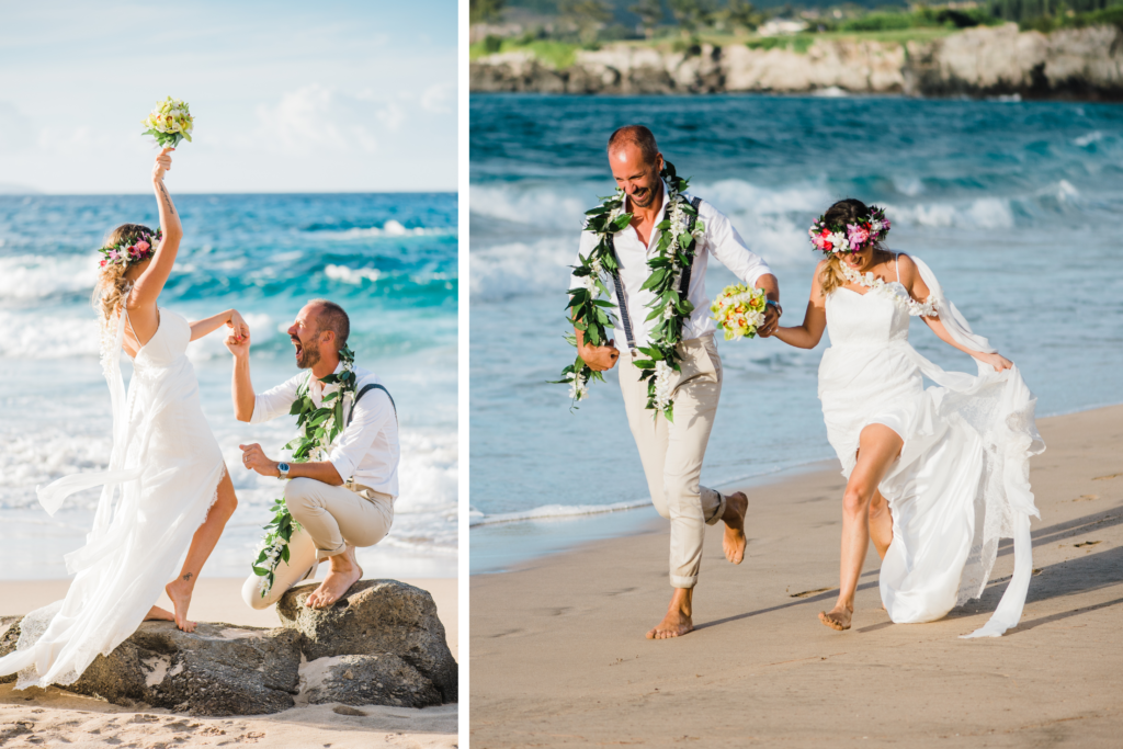 The bride and groom run hand in hand along the beach, laughing as waves lap their feet, embodying carefree elopement.