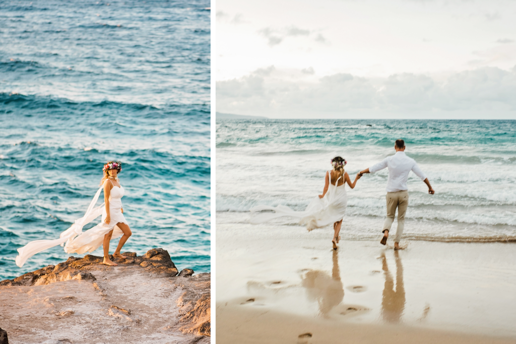 The couple plays in the shallow waves, carefree and full of laughter.