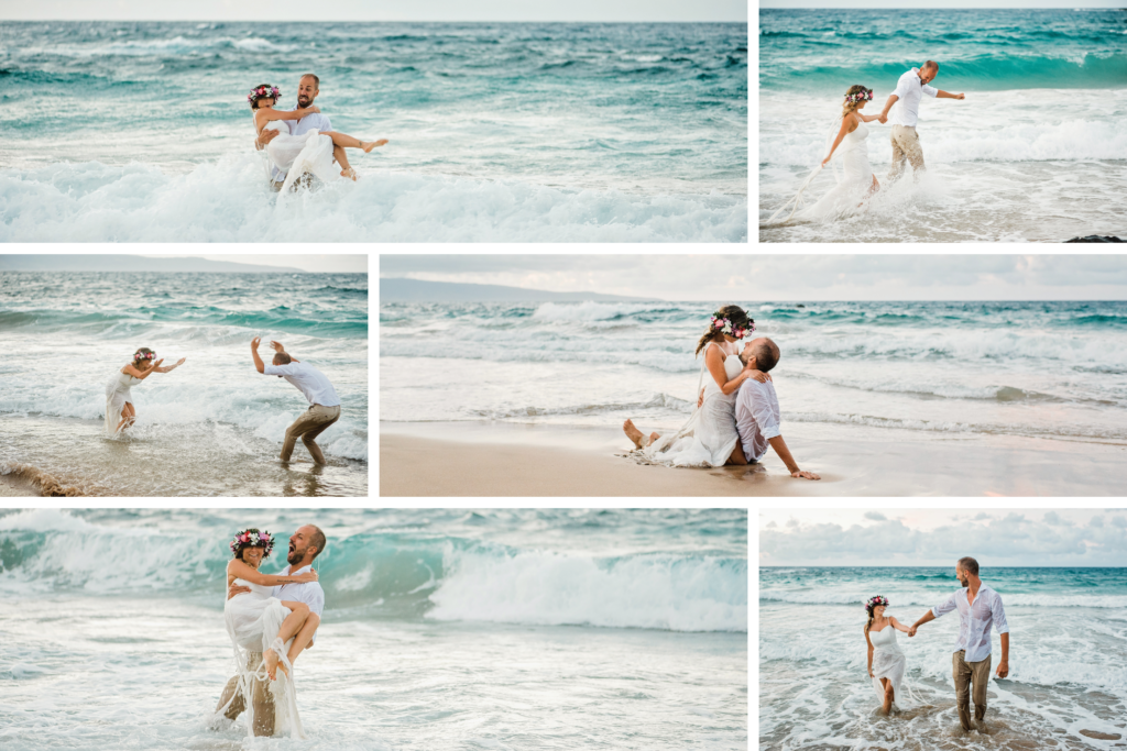The bride splashes water playfully at the groom, both caught in a moment of pure happiness and fun by the ocean.