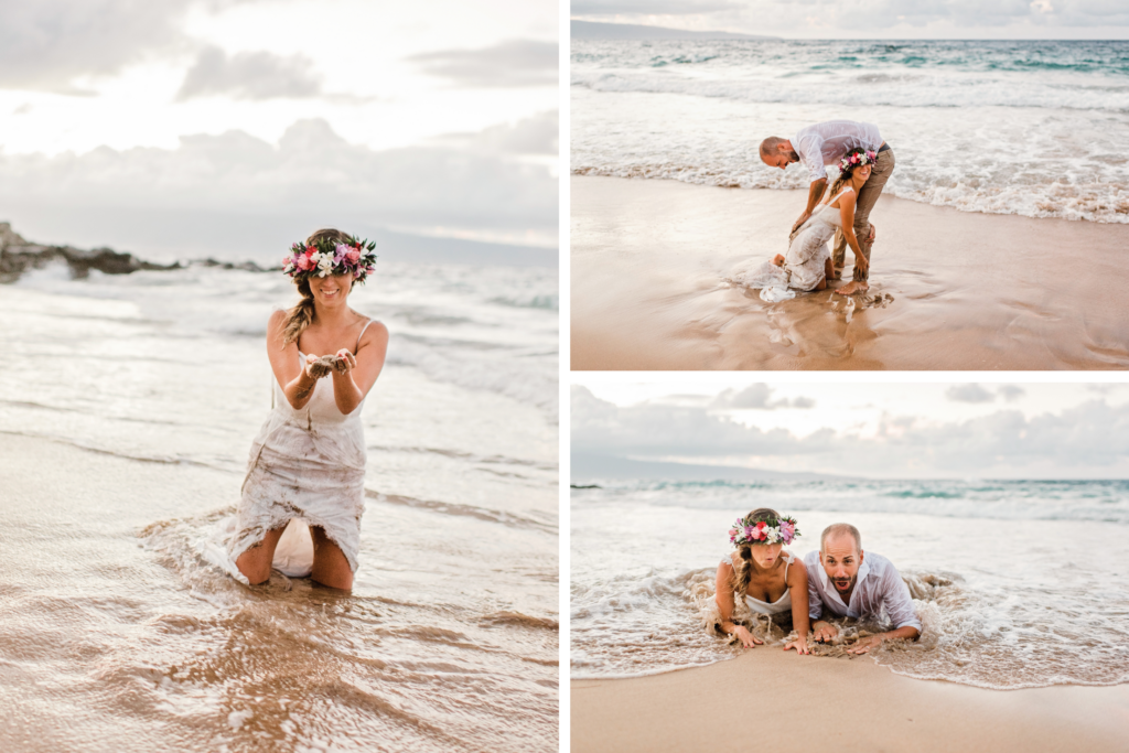 The bride is playing with sand after their longer elopement.