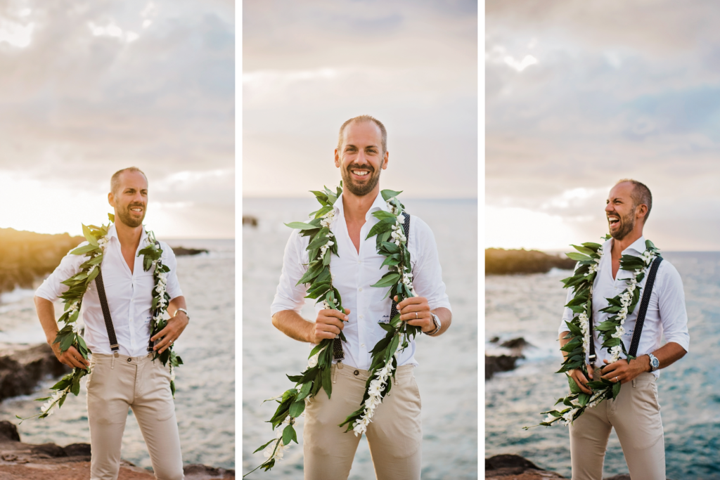 Smiling groom with Hawaiian garland, sunset backdrop.