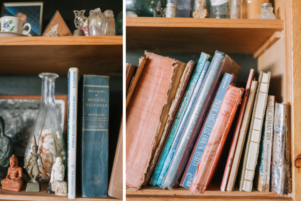 A shelf with vintage books, a tall glass bottle, and small figurines, preserving the details of a father’s legacy.