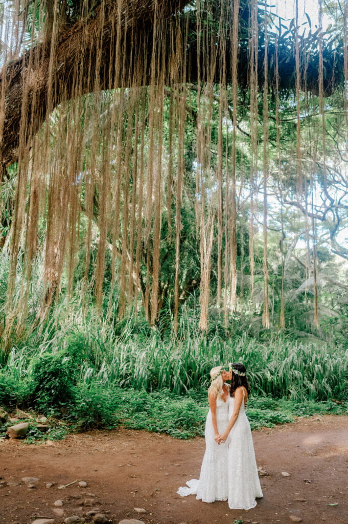 A serene bridal portrait under Maui’s iconic banyan tree, capturing the magic of elopement.