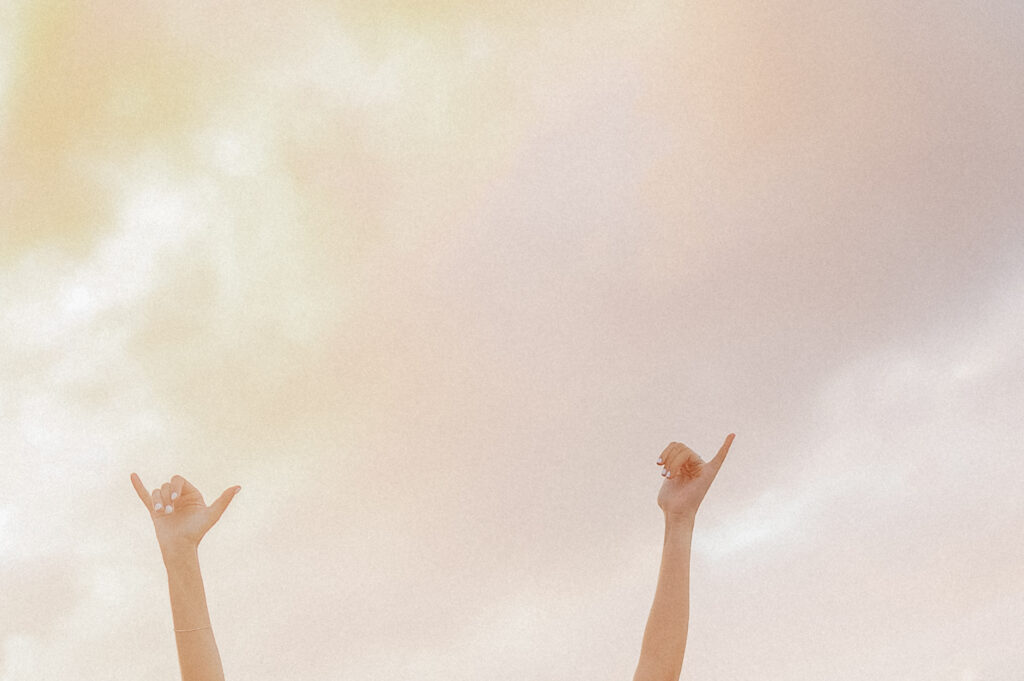 Hands raised in celebration against a dreamy Maui sunset sky.