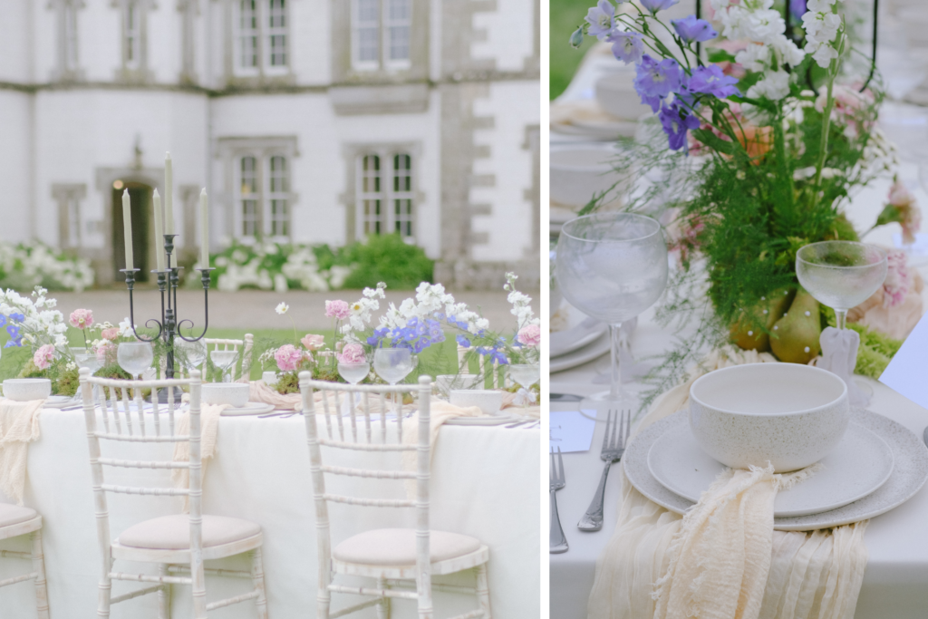 Outdoor reception table adorned with flowers, crystal glasses, and elegant place settings.